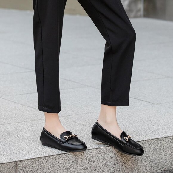 Women's Black pu Faux Leather Arch Support Casual Slip on Comfort Penny Loafers - Picture 6 of 8